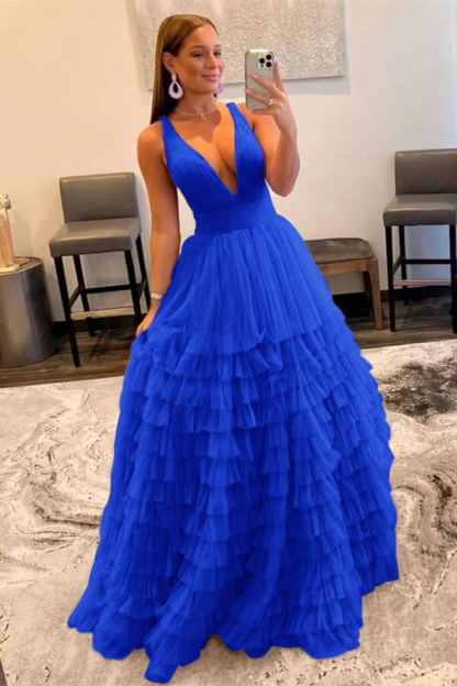 Elegant Deep V Neck Tulle layers Prom Dress With Sleeveless Online Lilac