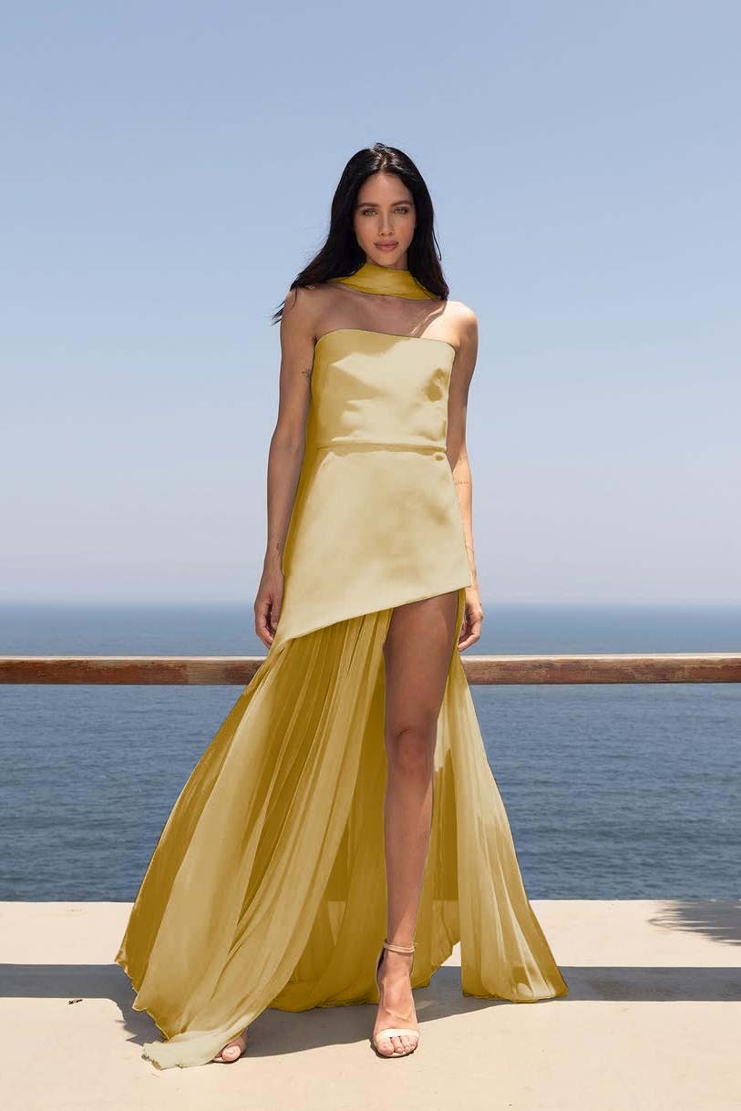 Strapless Sleeveless Split Long Prom Dress With Pleated Tulle