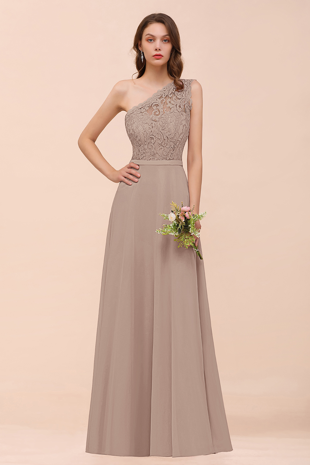BMbridal New Arrival Dusty Rose One Shoulder Lace Long Bridesmaid Dress-BMbridal