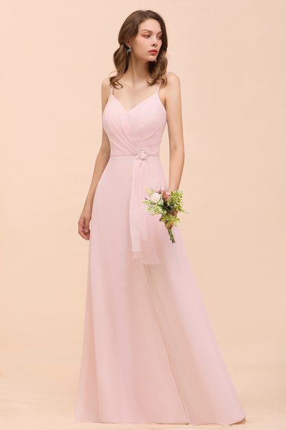 BMbridal Affordable Blushing Pink Spaghetti Straps Ruffle Bridesmaid Dress-BMbridal