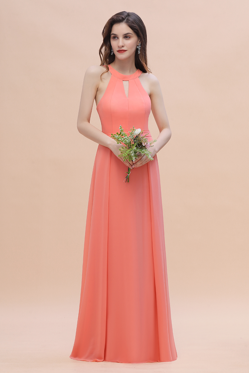 BMbridal Simple Jewel Sleeveless Coral Chiffon Bridesmaid Dress Online-BMbridal