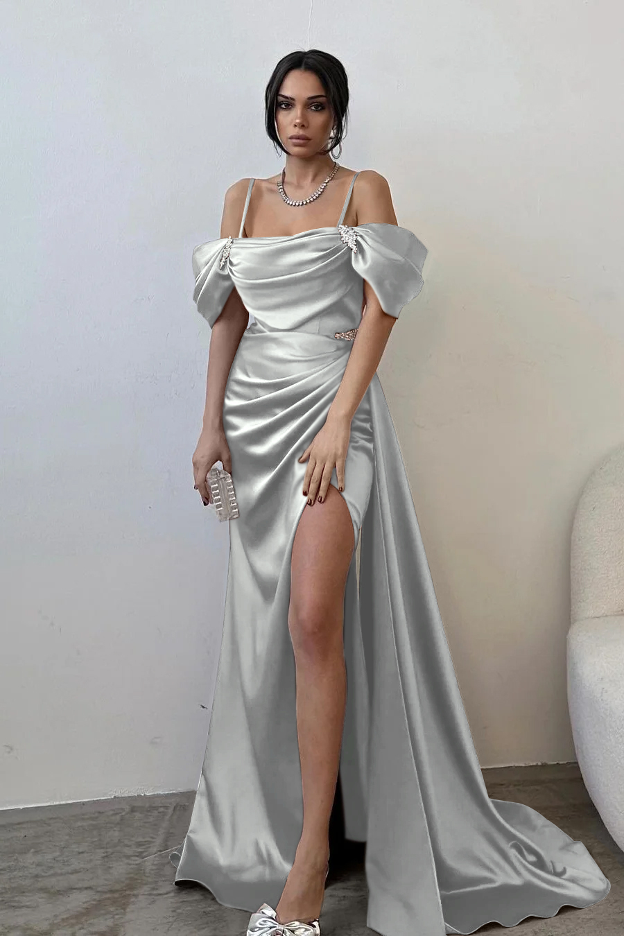 Off the Shoulder Sleeveless Beading Mermaid Long Prom Dress With Split