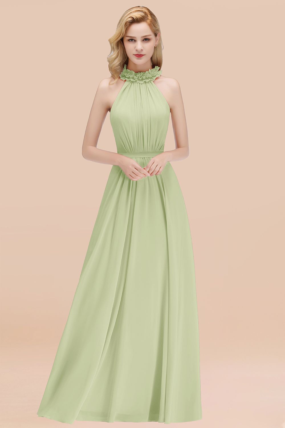 BMbridal Modest High-Neck Halter Ruffle Chiffon Bridesmaid Dresses Affordable-BMbridal