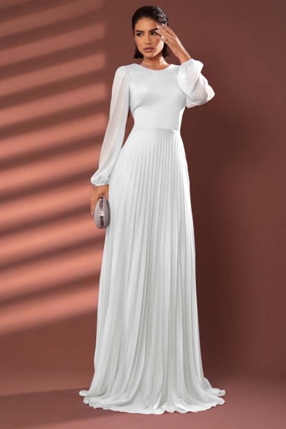 Chiffon Jewel Neck Long Sleeves Long Prom Dress With Pleated