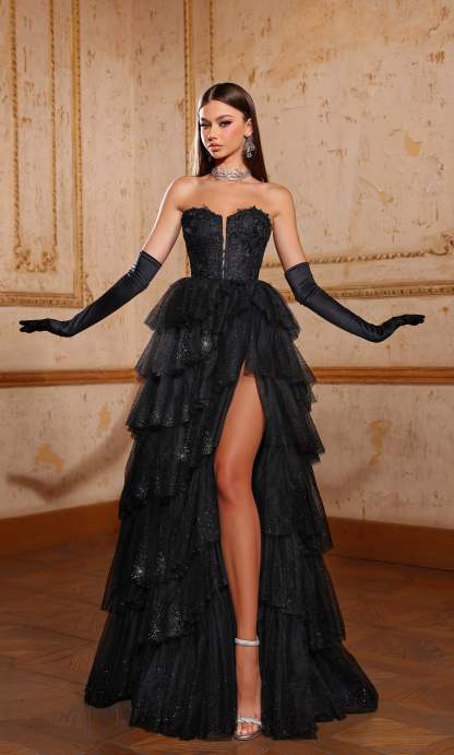 Formal Prom Dress Long Tulle With Slit Gloves Gown V Neck Sleeveless