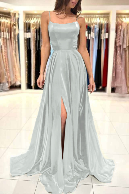 Spaghetti Strap Split Simple Long Prom Dress Green A Line