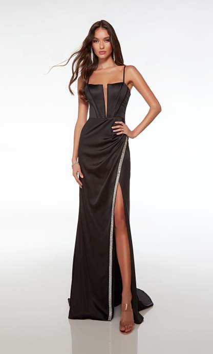 Prom Dress Long Plunging Neckline Straight Spaghetti Strap With High Slit