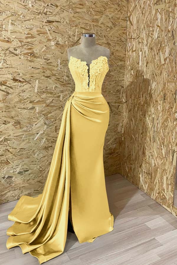 Sleeveless Strapless Mermaid Prom Appliques Dress With Split