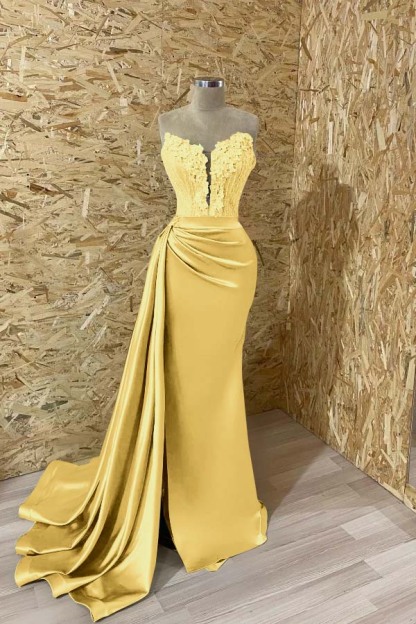 Sleeveless Strapless Mermaid Prom Appliques Dress With Split