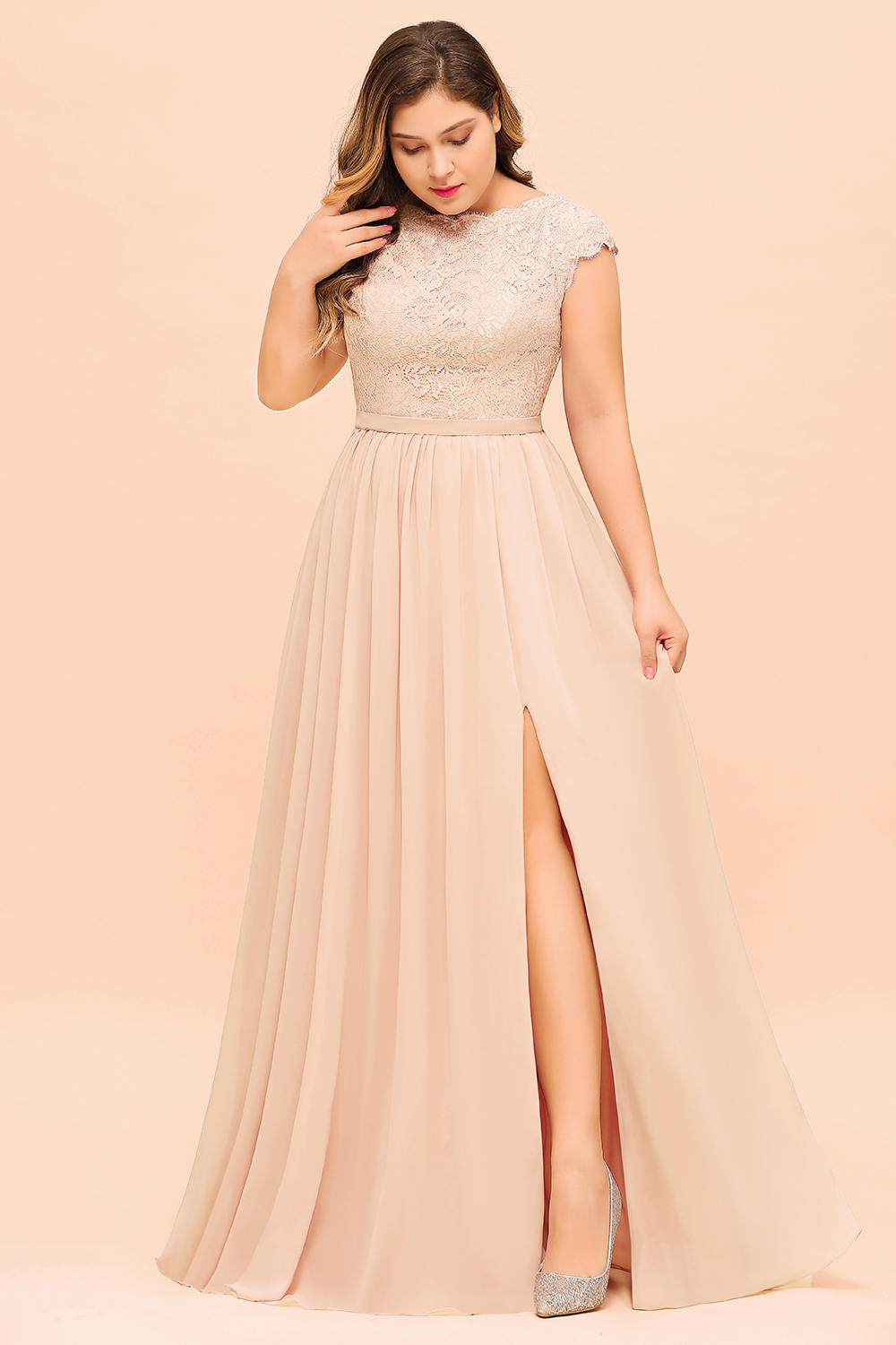 BMbridal Elegant Jewel Chiffon Lace Affordable Bridesmaid Dresses with Slit-BMbridal
