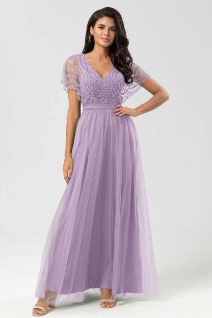 Tulle Short Sleeves V Neck A Line Long Prom Dress With Appliques