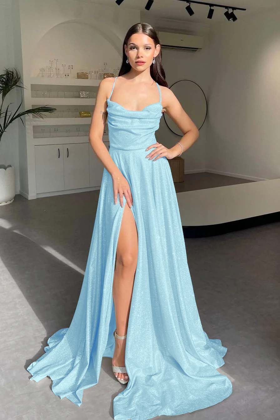 Halter Sleeveless Long Split Prom Dress With Pleated Sequins