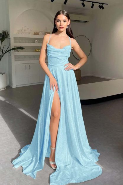 Halter Sleeveless Long Split Prom Dress With Pleated Sequins