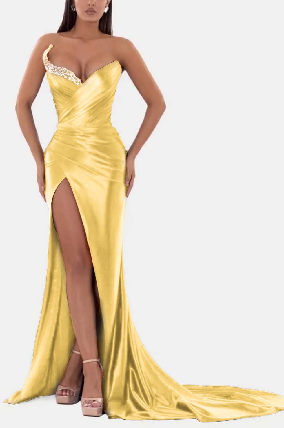 Sexy Royal Blue Prom Dress V Neck With High Slit Pleated Strapless Sleeveless