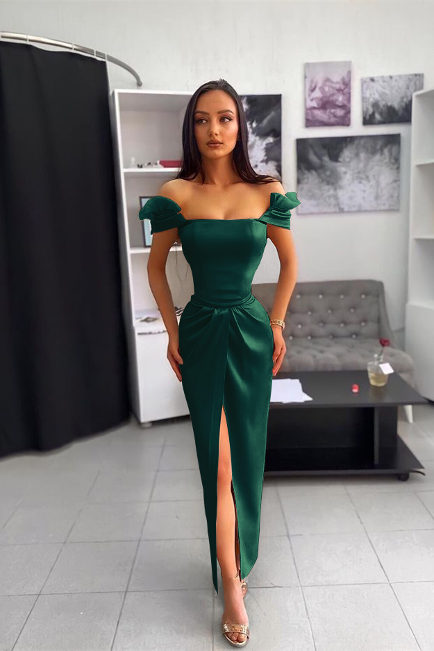 Off the Shoulder Split Ankle Long Prom Dress With Chic Wrinkle