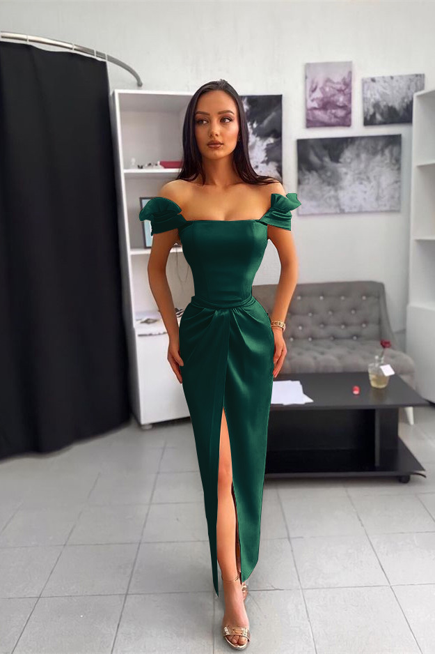 Off the Shoulder Split Ankle Long Prom Dress With Chic Wrinkle