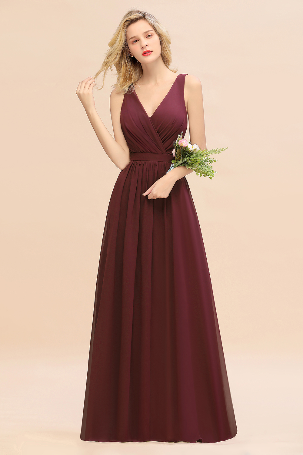 BMbridal Affordable V-Neck Ruffle Long Grape Chiffon Bridesmaid Dress with Bow-BMbridal