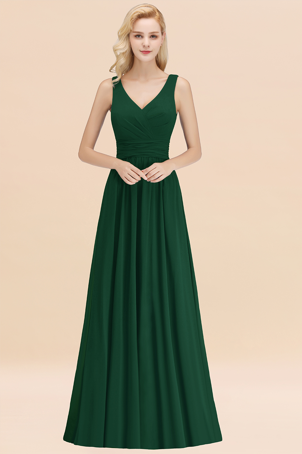 BMbridal Modest Sleeveless V-Neck Long Chiffon Bridesmaid Dress Online with Ruffle-BMbridal