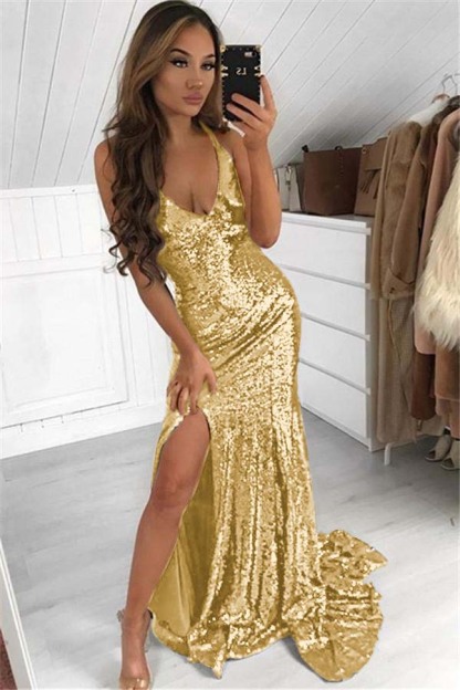 Dark Navy Halter Sleeveless Split Long Sequins Prom Dress Modern V Neck