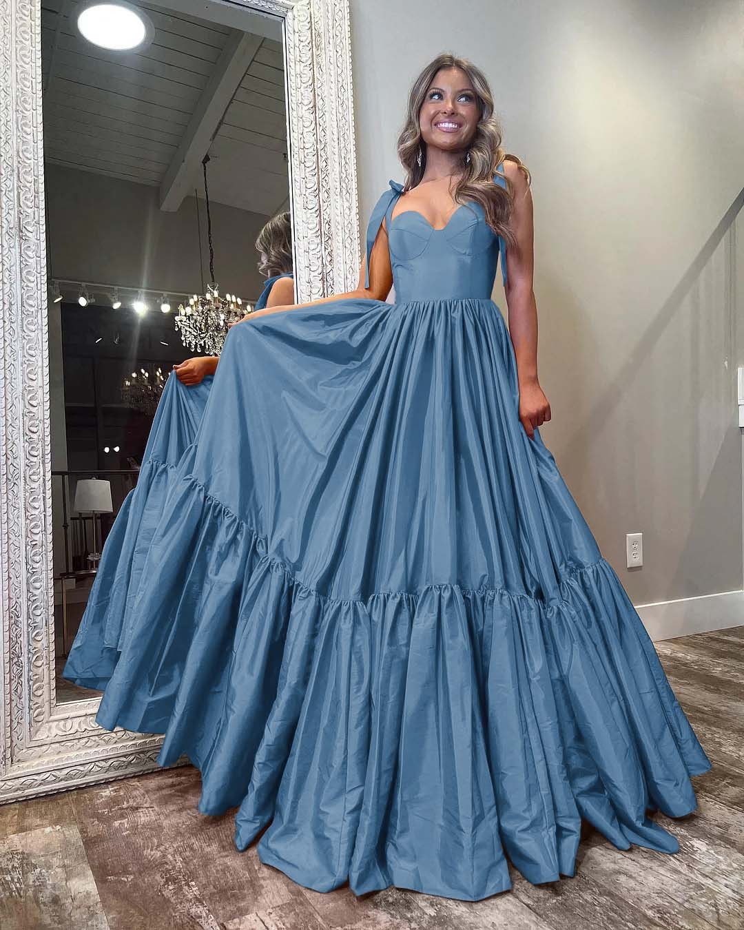 Sleeveless Straps Sweetheart Long Prom Dress With Ruffles Pleated