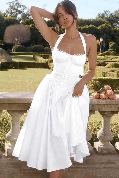 Chic White Halter Sleeveless Sweetheart Tea Length Prom Dress