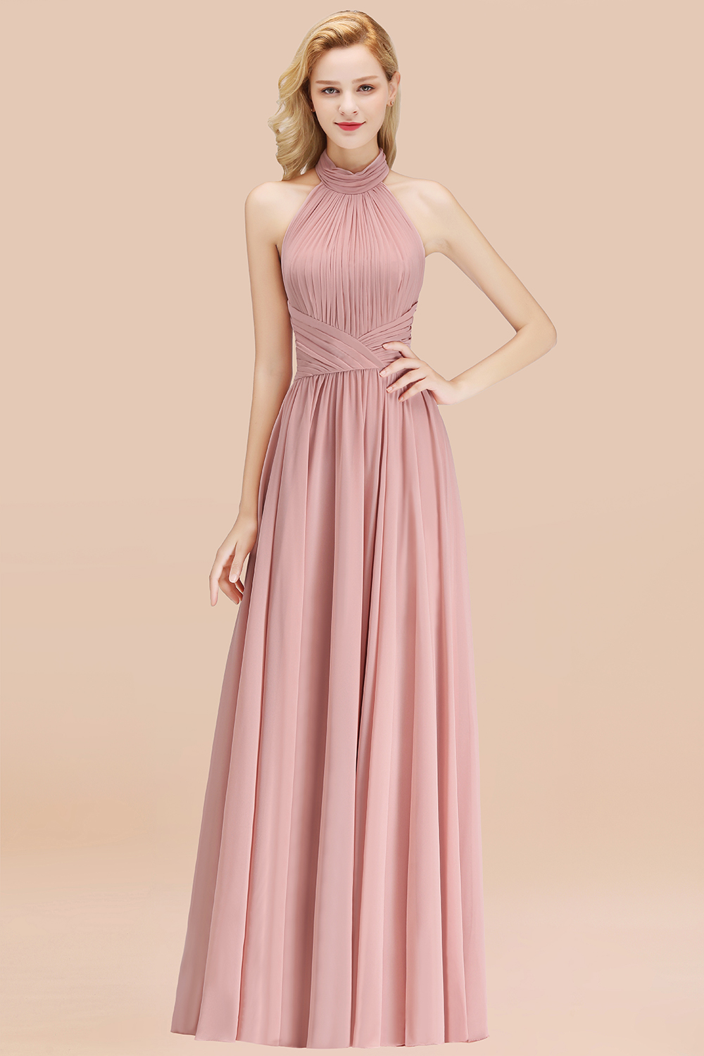 BMbridal Gorgeous High-Neck Halter Backless Bridesmaid Dress Dusty Rose Chiffon Maid of Honor Dress-BMbridal