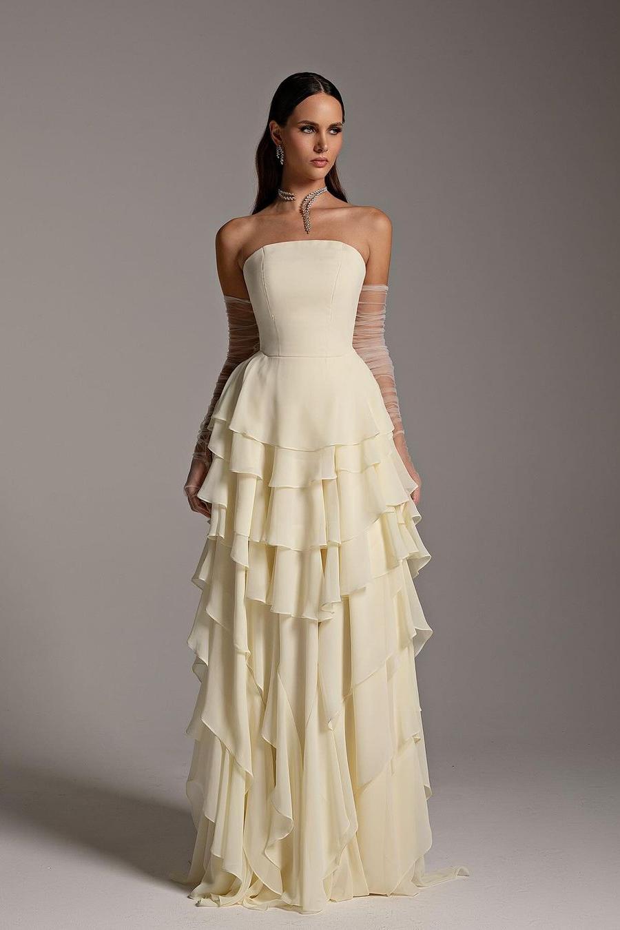 Charming Strapless Sleeveless Ruffles Long Prom Dress With Gloves