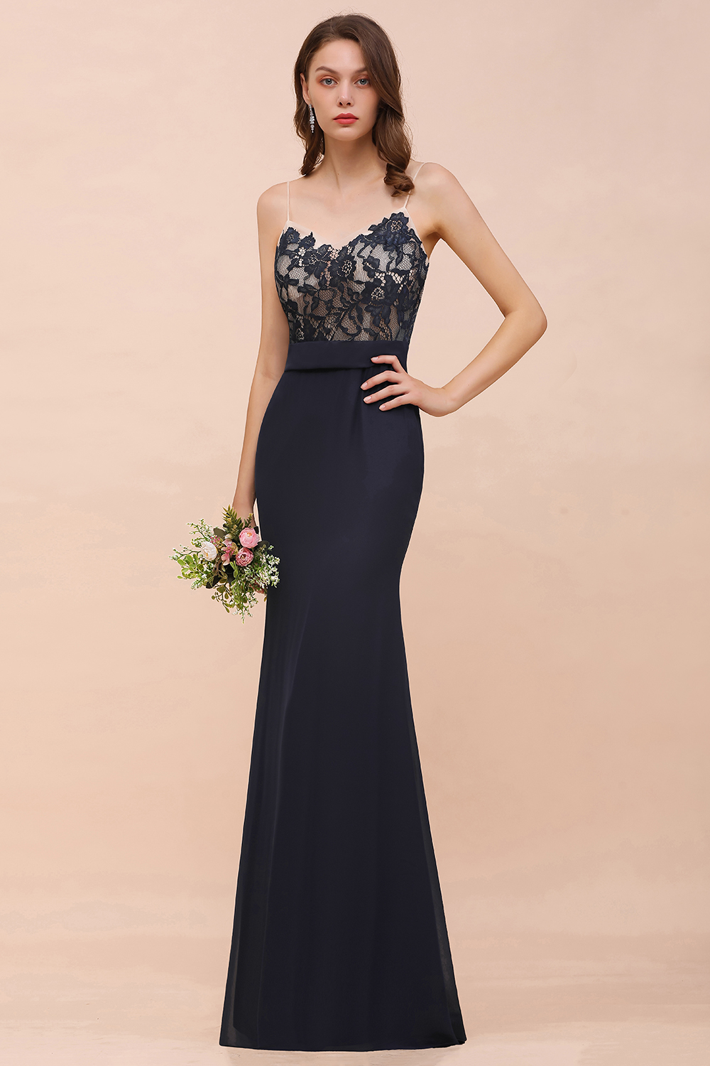 BMbridal Chic Mermaid Chiffon Lace Affordable Bridesmaid Dress with Spaghetti Straps-BMbridal