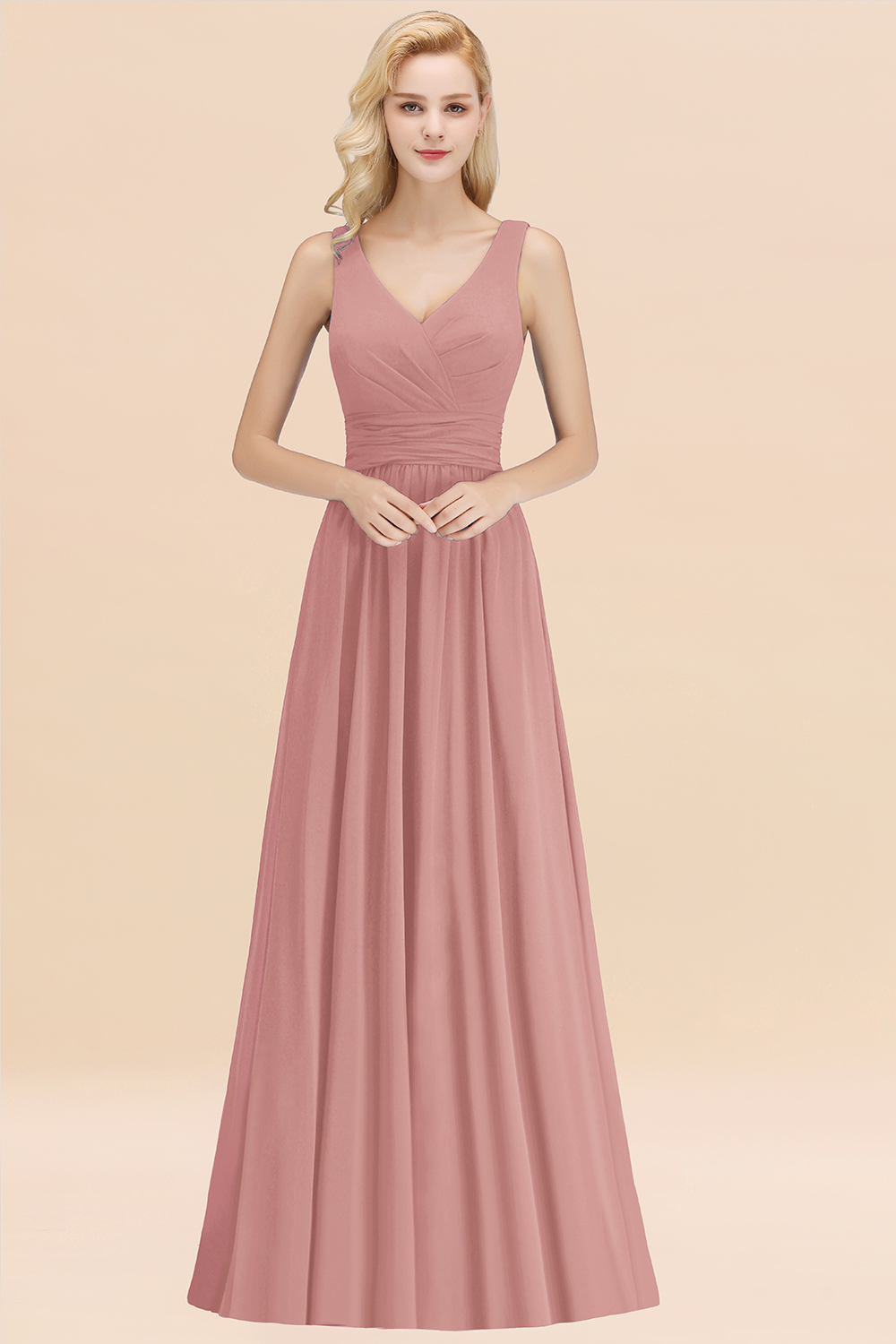 BMbridal Modest Sleeveless V-Neck Long Chiffon Bridesmaid Dress Online with Ruffle-BMbridal