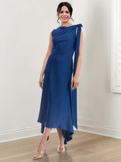 Asymmetrical Tea-Length Mother of the Bride Sheath Dress with Ruched Column Jewel Neck