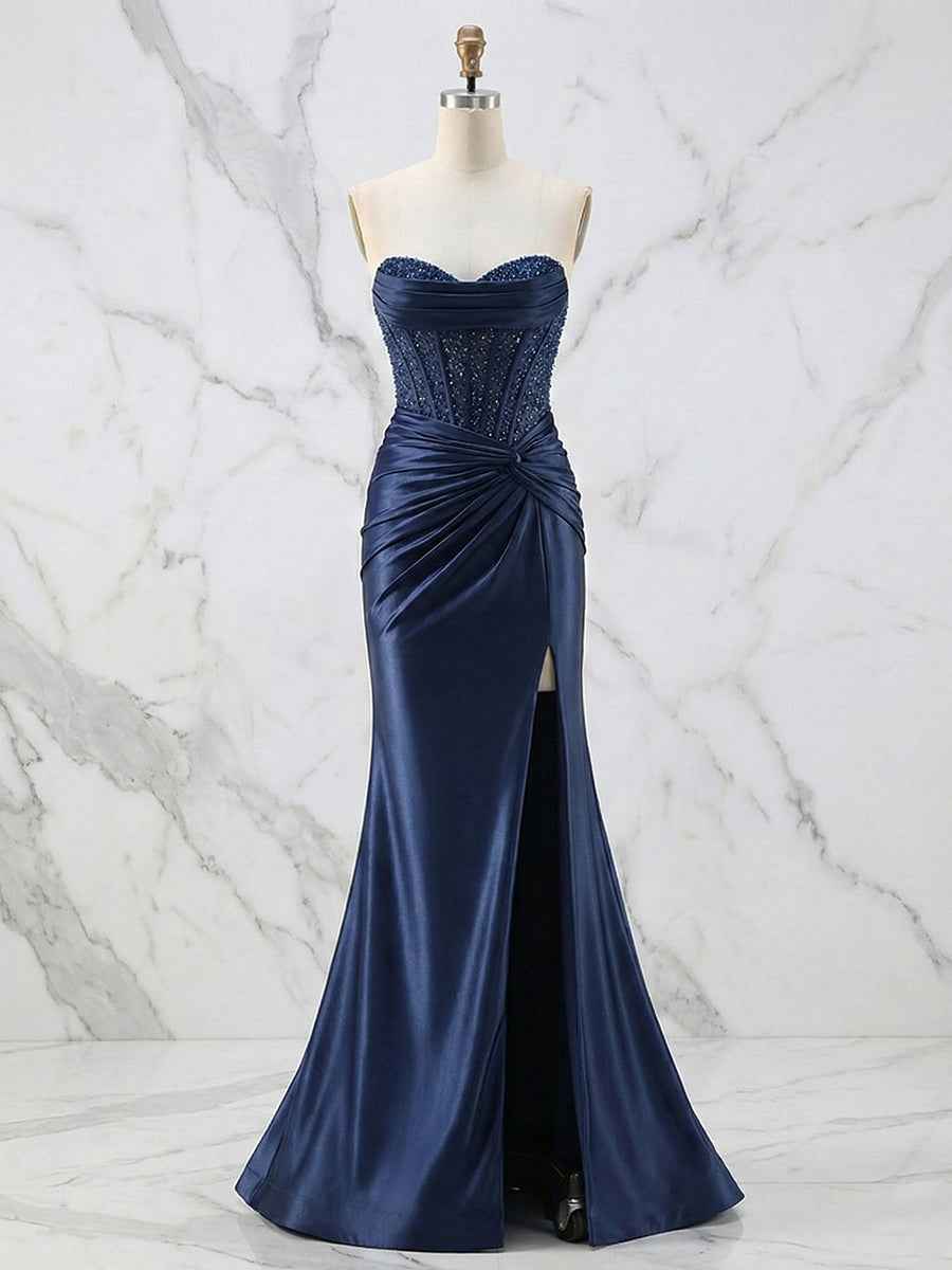 Glamorous Strapless Beaded Corset Satin Prom Dress with Slit