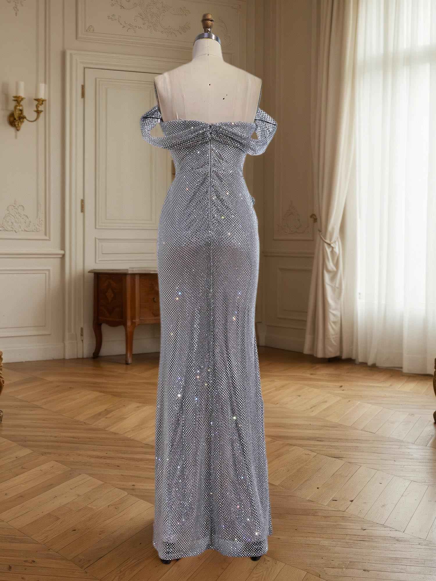 Sparkly Off-the-Shoulder Mesh Ruched Bodice Long Prom Dress with High Slit