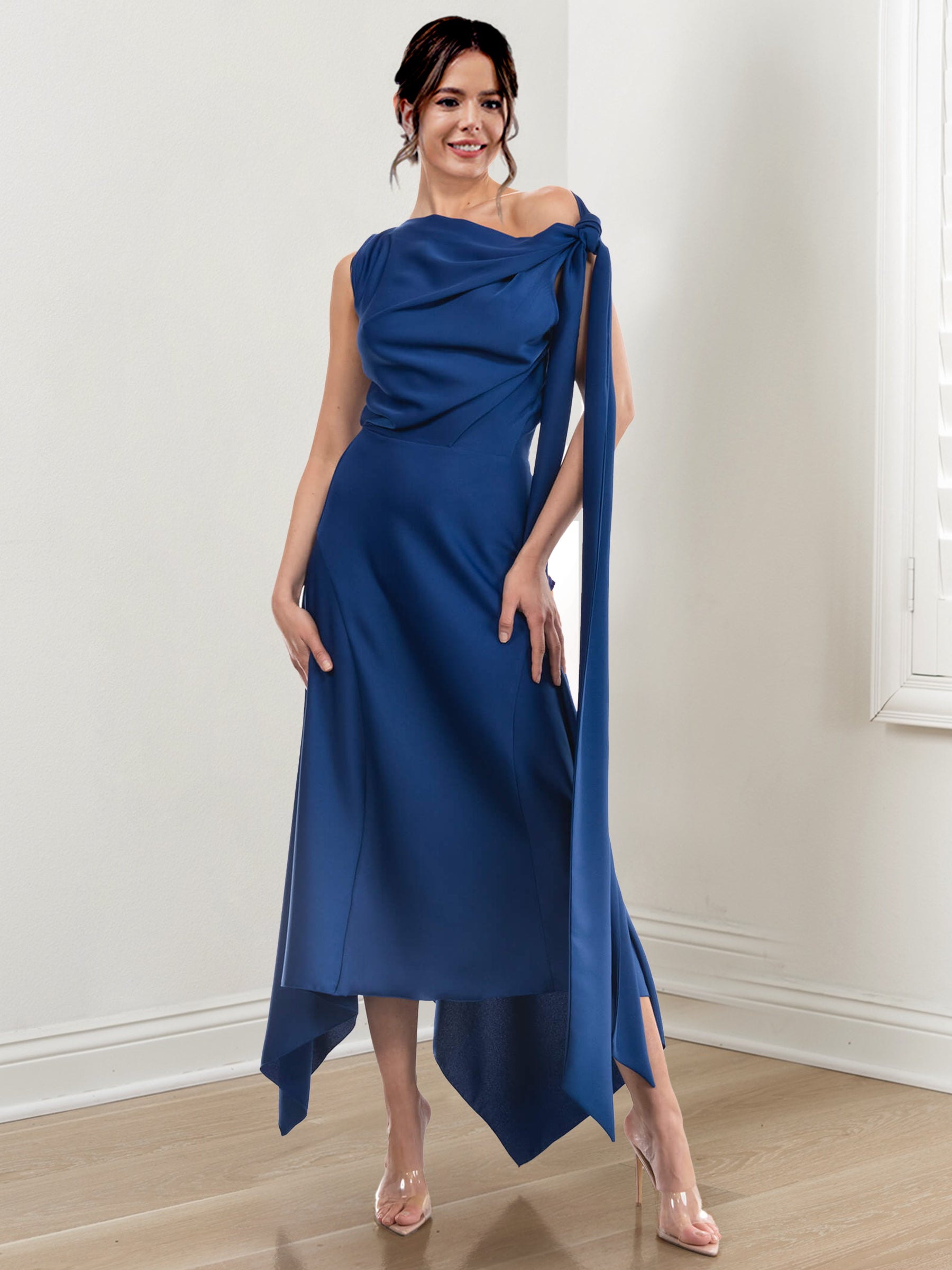 Asymmetrical Tea-Length Mother of the Bride Sheath Dress with Ruched Column Jewel Neck