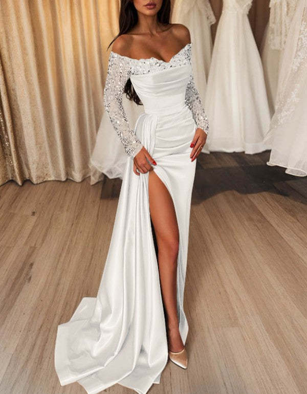 Off-the-Shoulder Floor-Length Prom Dress with Side Split and Sequins