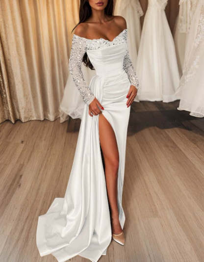 Off-the-Shoulder Floor-Length Prom Dress with Side Split and Sequins