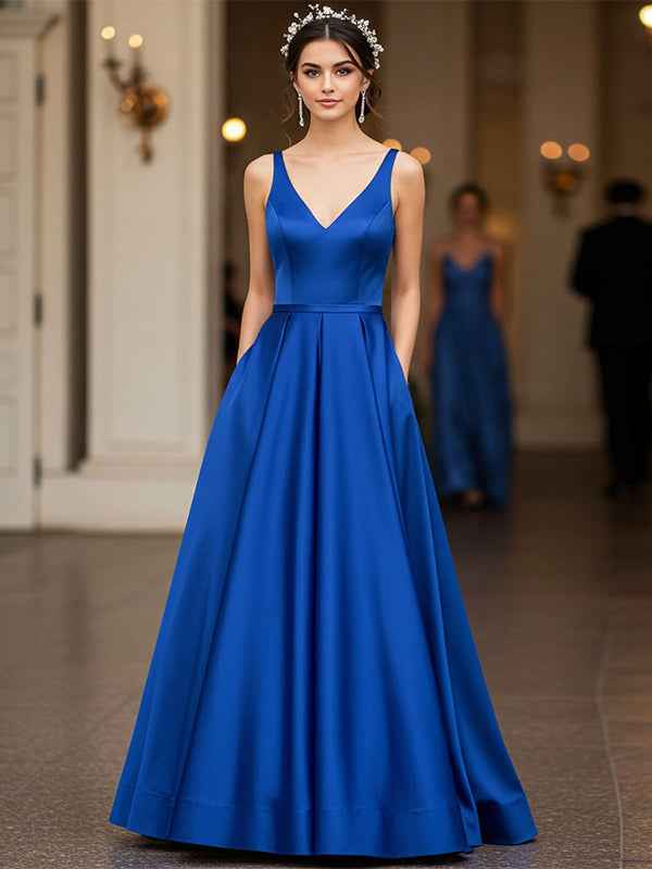 Royal Blue Sheath/Column V-Neck Floor-Length Satin Prom Dress