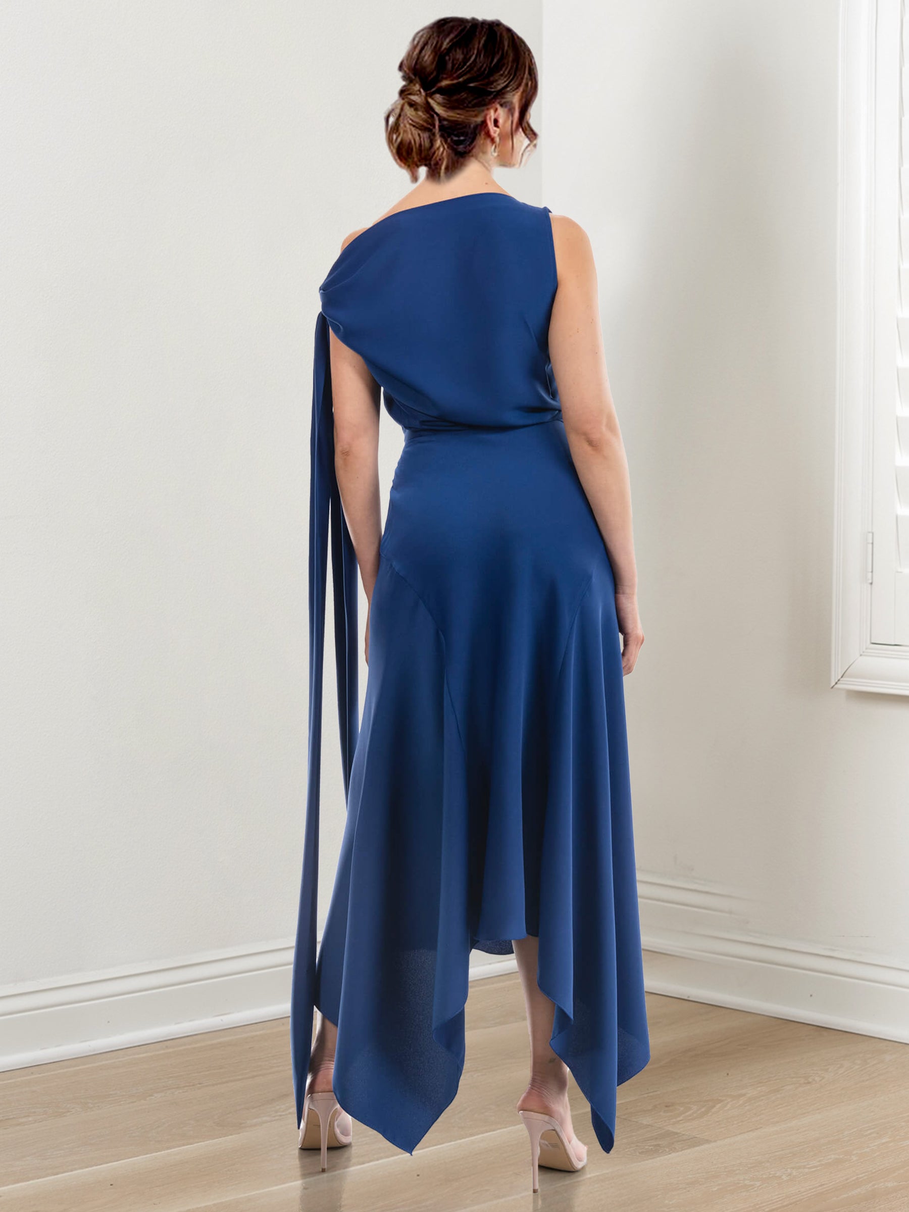 Asymmetrical Tea-Length Mother of the Bride Sheath Dress with Ruched Column Jewel Neck