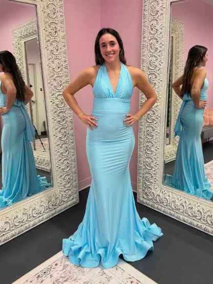 Light Blue Mermaid Halter Backless Long Prom Dress