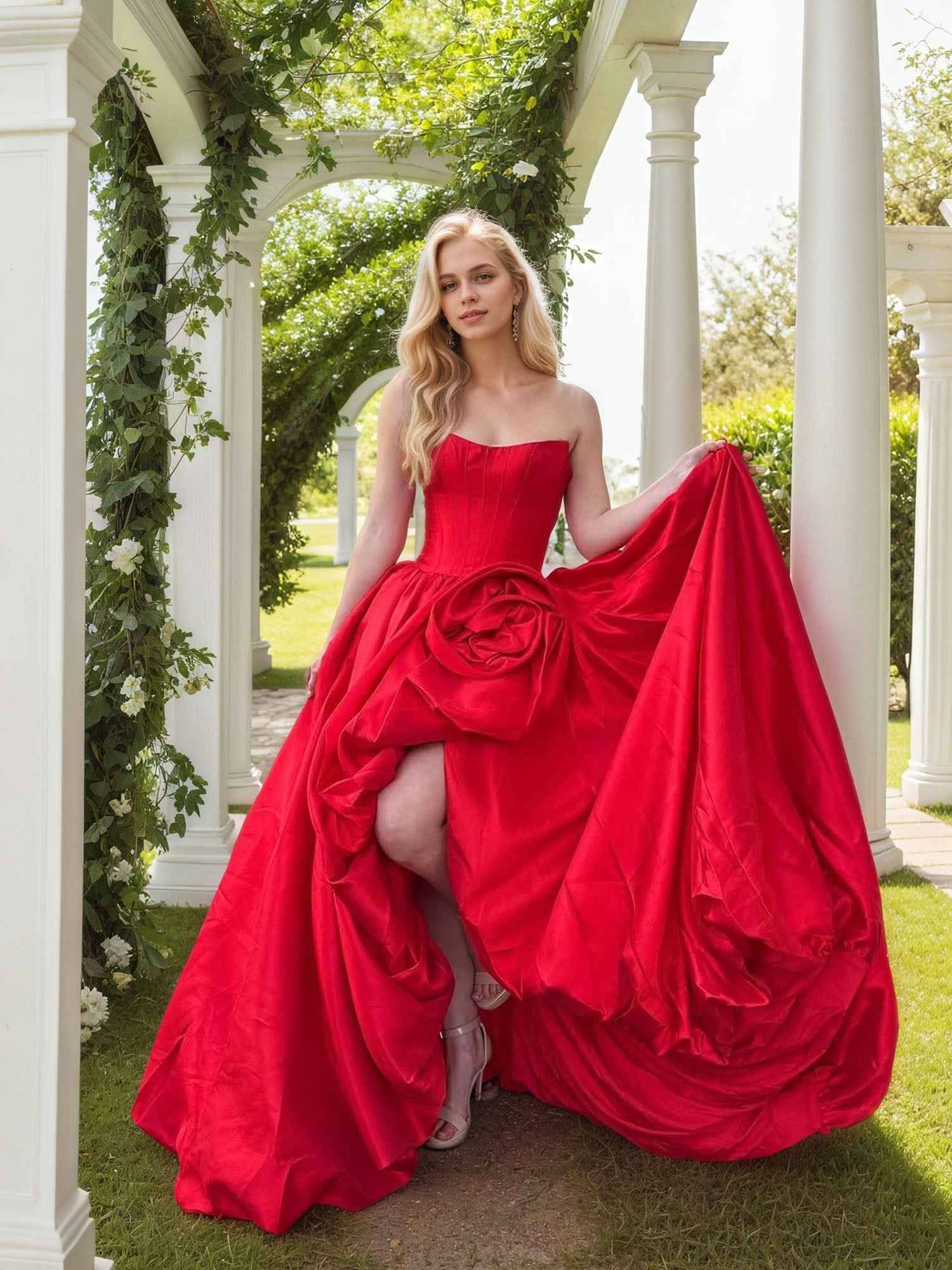 Strapless 3D Flower Prom Dresses for Women High Slit Satin Formal Dress