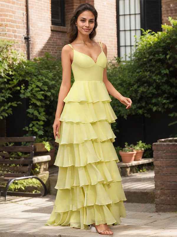 Yellow A Line V-Neck Ruffled Tiered Chiffon Prom Dress with Slit