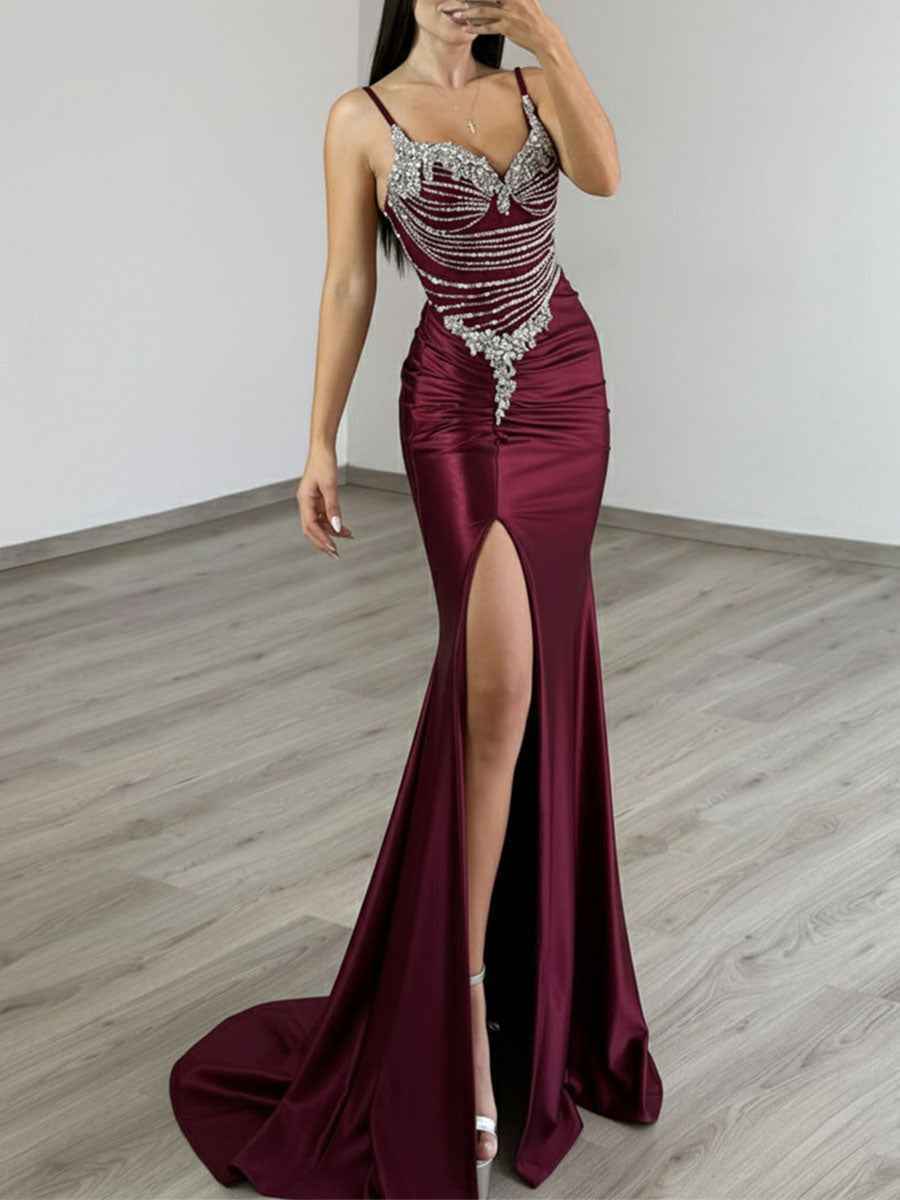 Gold Liquid Beaded Bodice Satin Prom Dress with Slit