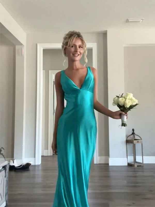 Green Mermaid V Neck Long Prom Dress with Open Back