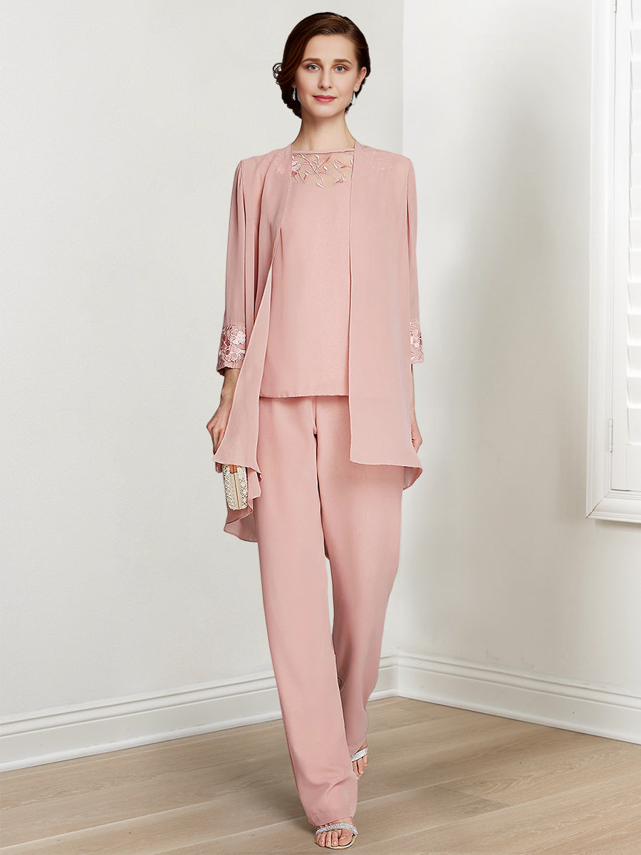 Floor-Length Square Neck Chiffon Pantsuit With Long Sleeves and Jacket for the Mother of the Bride