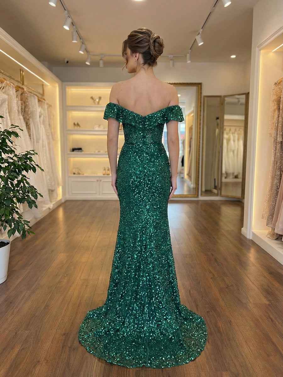 Emerald Off The Shoulder Sequin Mermaid Long Prom Dress with Slit
