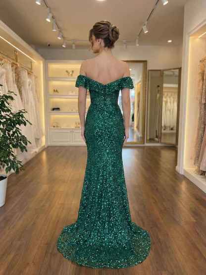 Emerald Off The Shoulder Sequin Mermaid Long Prom Dress with Slit