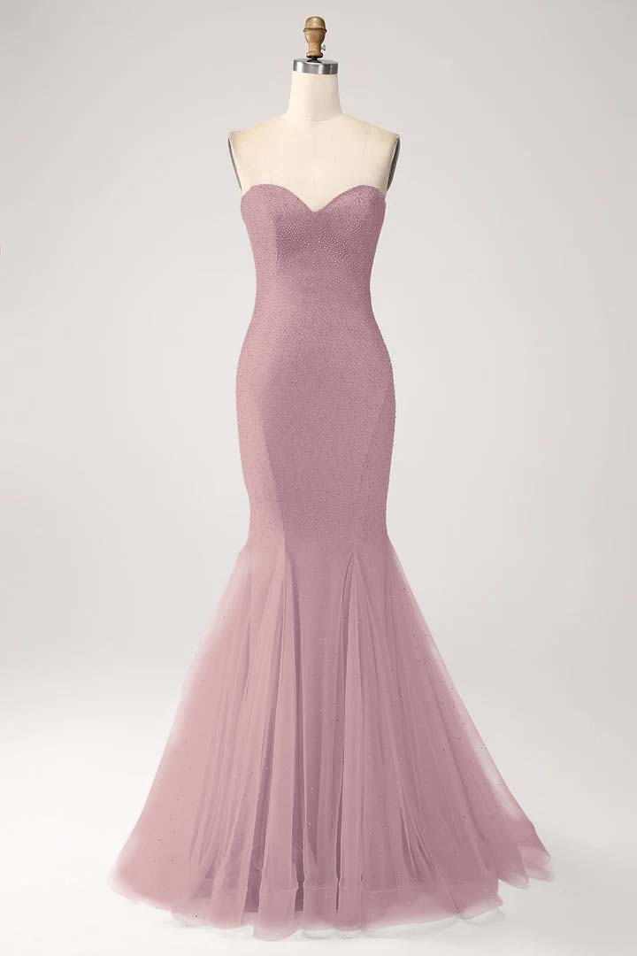 Strapless Sleeveless Long Mermaid Prom Dress With Beading Tulle