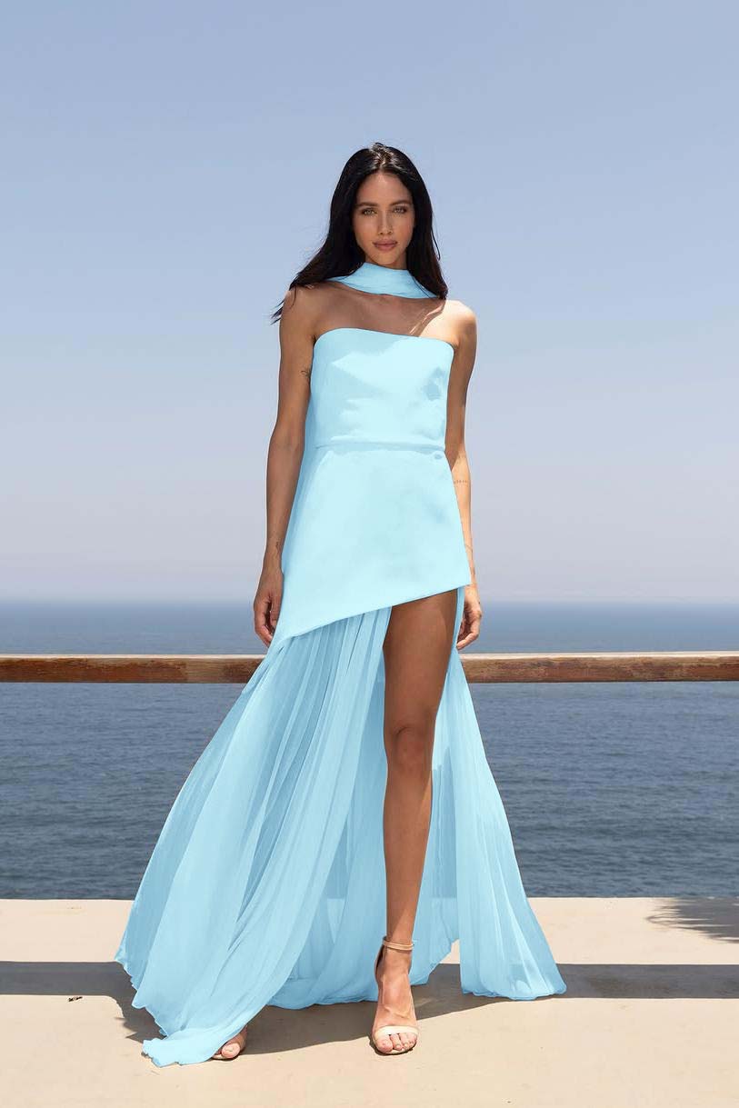 Strapless Sleeveless Split Long Prom Dress With Pleated Tulle