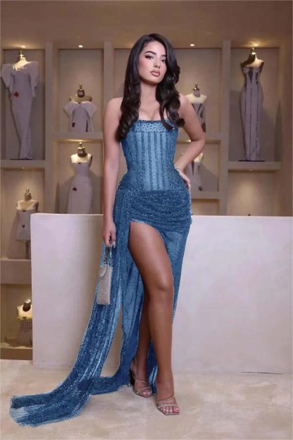 Stunning Black Strapless Sleeveless Mermaid Long Split Prom Dress With Beading