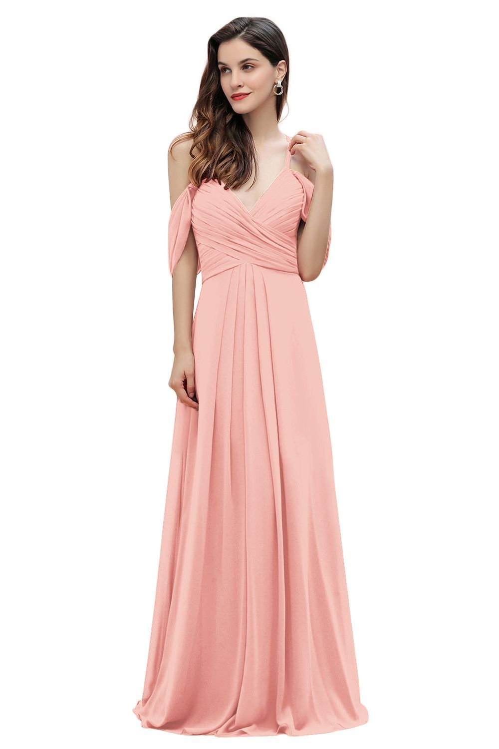Elegant A-line Off-the-Shoulder V-neck Ruched Long Bridesmaid Dress-BMbridal