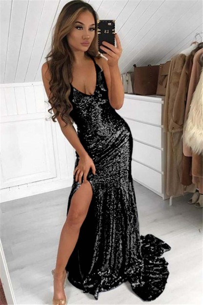 Dark Navy Halter Sleeveless Split Long Sequins Prom Dress Modern V Neck